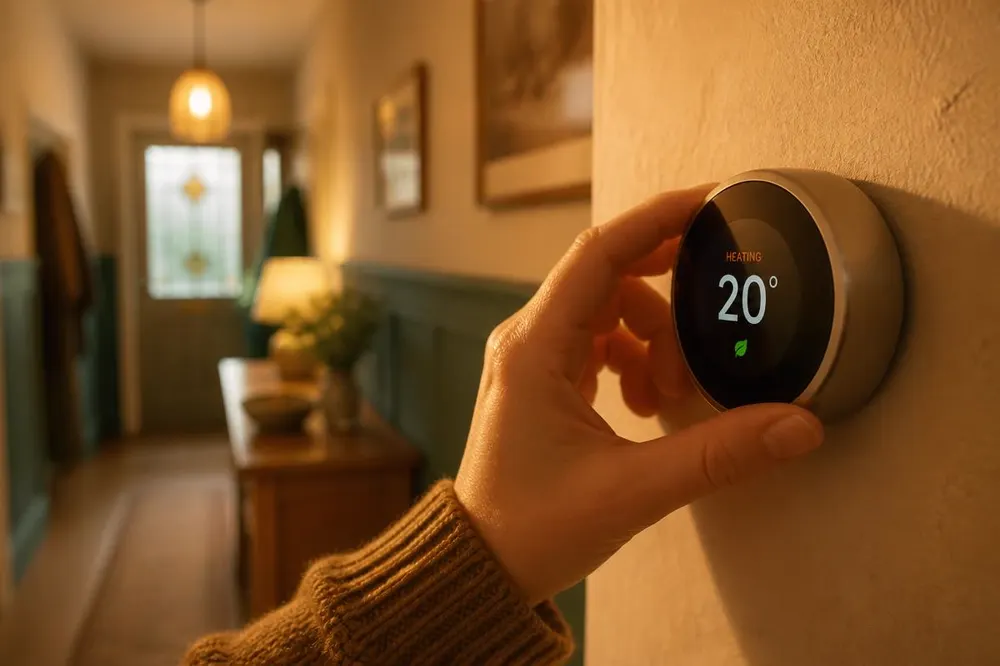 A hand adjusting a thermostat in a warm hallway